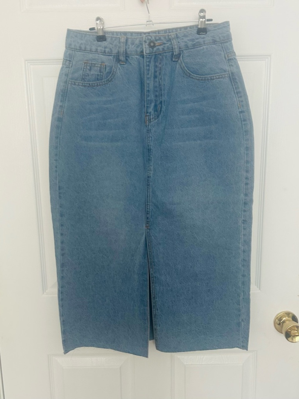 Light Blue High-Rise Denim Midi Skirt with Front Slit - Women Jeans - Picture 2 of 5